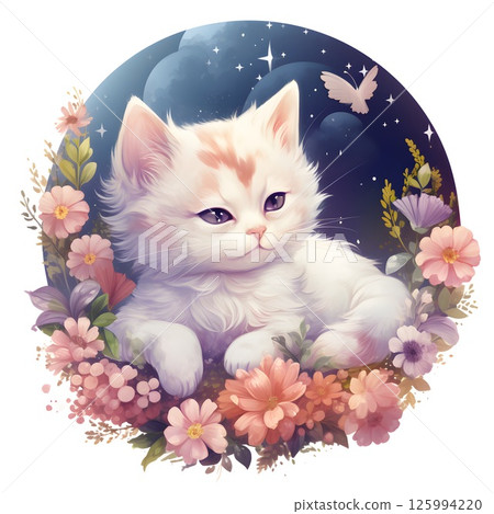 Illustration of a cute cat delicate pastel flowers starry night sky. For nursery decor, children's book image, greeting cards, wallpapers, round poster, artistic prints. 125994220