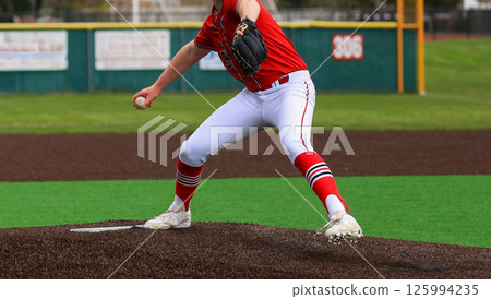 Pitcher throwing a pitch during a baseball game 125994235