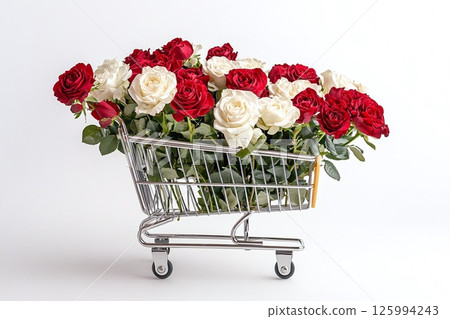 Shopping cart with red and white roses on white background and an empty space for text. Valentine's Day banner, template for advertisements of online shopping, flower delivery, weddings, floral gifts 125994243
