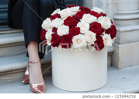 A luxurious bouquet of red and white roses is in a decorative gift box beside a stylishly woman legs in sparkly shoes. Valentines Day, flower store, shop, mock-up, delivery flowers, blog posts 125994258