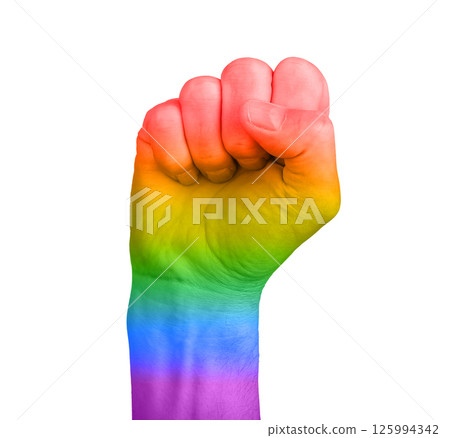 Raised fist symbolizing LGBT pride, equality, and solidarity. A gesture of strength and activism in 125994342