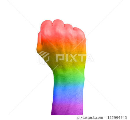 Raised fist symbolizing LGBT pride and solidarity. A powerful gesture in the fight for equality and Raised fist symbolizing LGBT pride and solidarity. A powerful gesture in the fight for equality and 125994343