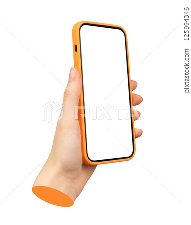 Phone screen mockup held in hand, displaying a blank, empty frame. Orange smartphone, isolated on 125994346
