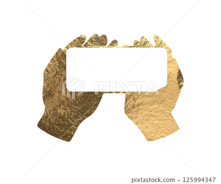 Phone in hand with gold foil texture, isolated on a clean, blank background, holding a mobile device 125994347