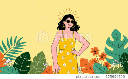 Woman in Floral Dress with Tropical Leaves Woman in Floral Dress with Tropical Leaves 125994613
