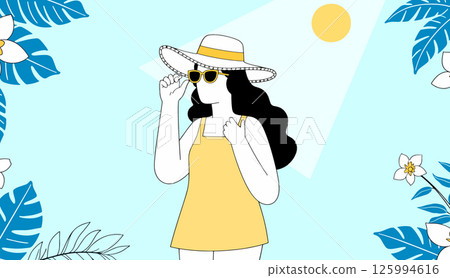 Woman in Summer Outfit with Tropical Background 125994616