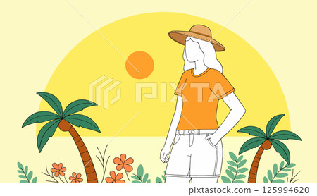 Woman in Hat at Tropical Sunset 125994620