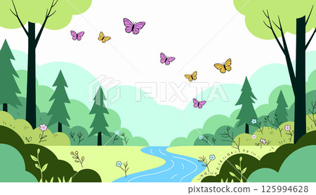 Cartoon Landscape with Butterflies 125994628