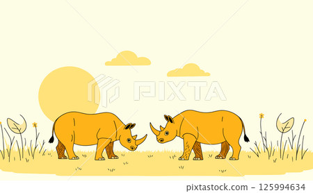 Two Rhinos in a Sunny Landscape 125994634