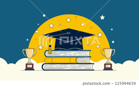 Graduation Cap on Books with Trophies 125994639
