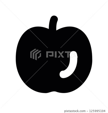Black Apple Silhouette with Prominent Stem and Curved Highlight 125995104