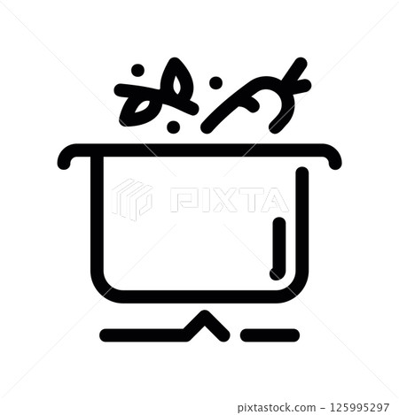 Outline Icon of Pot Simmering on Stove with Steam and Contents 125995297