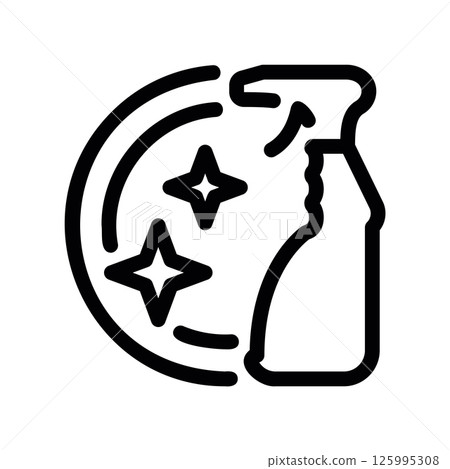 Outline Icon of Dishwashing with Plate, Spray Bottle and Clean Sparkles Outline Icon of Dishwashing with Plate, Spray Bottle and Clean Sparkles 125995308