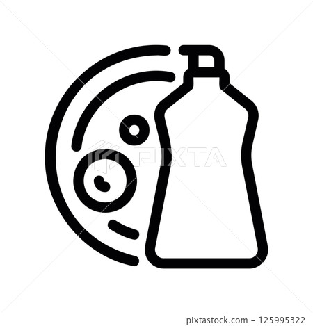 Dishwashing Scene Icon with a Plate and Detergent Bottle Outline 125995322