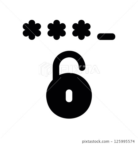 Password Entry Confirmation with Asterisks and Dash near Unlocked Padlock 125995574