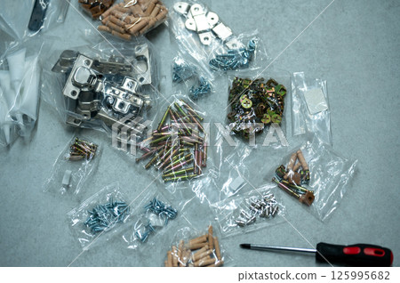 Assembled furniture parts and accessories laid flat 125995682