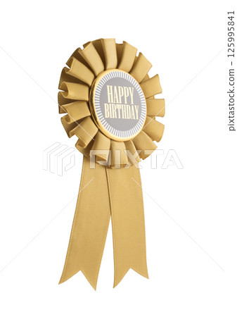 Happy Birthday golden ribbon award isolated on white with clipping path 125995841