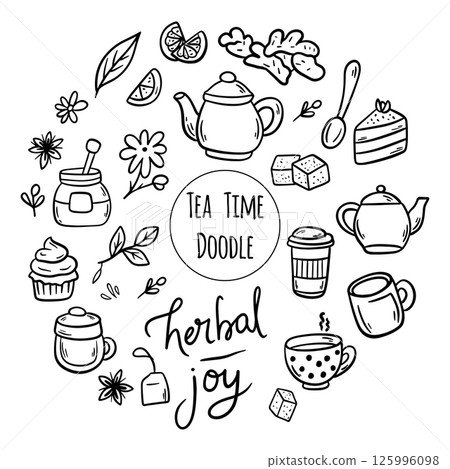 Herbal Tea Time Doodles. Minimalist Line Icons of Tea Rituals and Ingredients 125996098