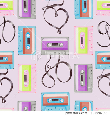 Portable player audio cassettes from 80's,90's style,tapes in shape 80,90,heart in seamless pattern.Watercolor illustration on pink background for websites,fabric,stationery,theme parties Portable player audio cassettes from 80's,90's style,tapes in shape 80,90,heart in seamless pattern.Watercolor illustration on pink background for websites,fabric,stationery,theme parties 125996188