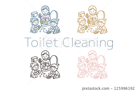 Illustration of a family cleaning the toilet Illustration of a family cleaning the toilet 125996192