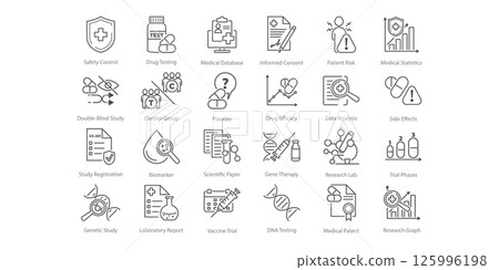 Vector line icons set representing a medical trial. Shows elements of study, research, test, and clinic context. Suitable for use in clinical or educational settings. Vector line icons set representing a medical trial. Shows elements of study, research, test, and clinic context. Suitable for use in clinical or educational settings. 125996198