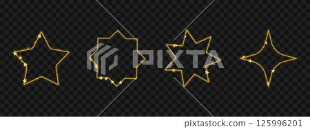 Star shaped gold borders with glitter texture. Golden vector design on dark background. Decorative luxury frame elements with elegant shine. 125996201