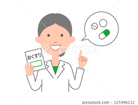 A female pharmacist explaining medicine, upper body pose A female pharmacist explaining medicine, upper body pose 125996212