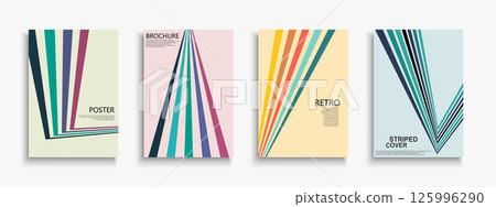 Collection of striped retro color posters, templates, placards, brochures, banners, backgrounds, flyers, cards. Trendy business covers with lines and perspective. Vintage creative layout prints Collection of striped retro color posters, templates, placards, brochures, banners, backgrounds, flyers, cards. Trendy business covers with lines and perspective. Vintage creative layout prints 125996290
