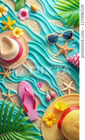 Beach Scene With Hat, Sunglasses, and Flip Flops. Generative AI Beach Scene With Hat, Sunglasses, and Flip Flops. Generative AI 125996326