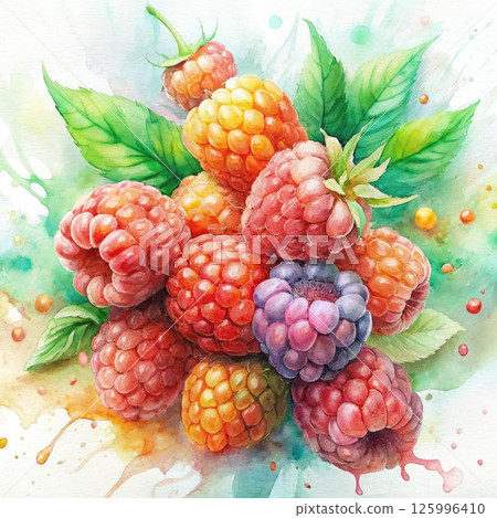 Raspberries and Leaves Painting on White Background. Generative AI 125996410