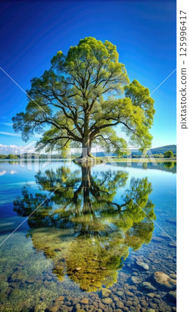 Majestic Oak Tree Resting on Top of Lake. Generative AI 125996417