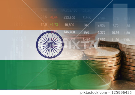 India flag with stock market finance, economy trend graph digital technology. 125996435