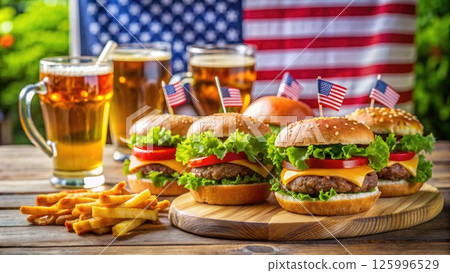 Wooden Table With Hamburgers and Fries. Generative AI Wooden Table With Hamburgers and Fries. Generative AI 125996529