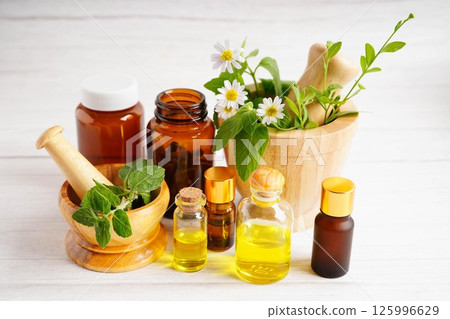 Alternative medicine herbal organic capsule with vitamin E omega 3 fish oil, mineral, drug with herbs leaf natural supplements for healthy good life. 125996629