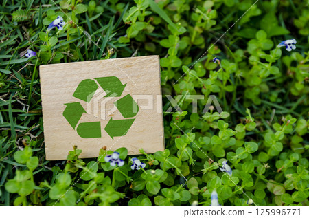 Top view of Recycle symbol on wooden block with customizable space for text. Conservation and a greener tomorrow concept. Top view of Recycle symbol on wooden block with customizable space for text. Conservation and a greener tomorrow concept. 125996771