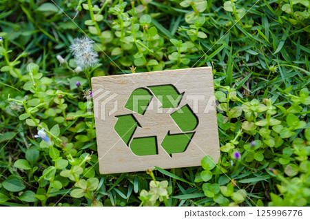 Top view of Recycling symbol. Recycling starts with you concept. Top view of Recycling symbol. Recycling starts with you concept. 125996776