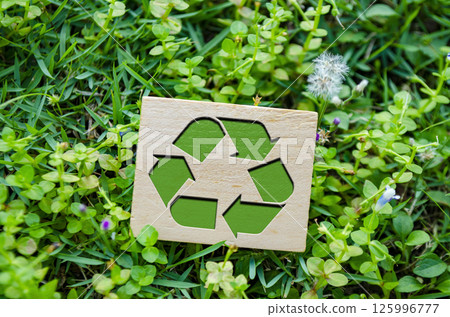 Close up view of Recycling symbol. Recycling starts with you concept. Close up view of Recycling symbol. Recycling starts with you concept. 125996777