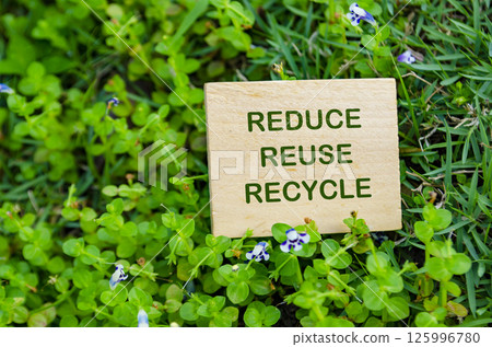 Reduce, Reuse and Recycle text on wooden block. 125996780