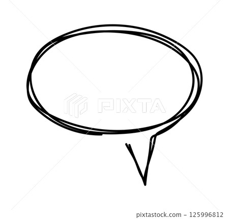 Oval empty speech or thought bubble with a triangular tail is hand drawn with a black marker on a white background, creating a simple yet effective communication symbol Oval empty speech or thought bubble with a triangular tail is hand drawn with a black marker on a white background, creating a simple yet effective communication symbol 125996812
