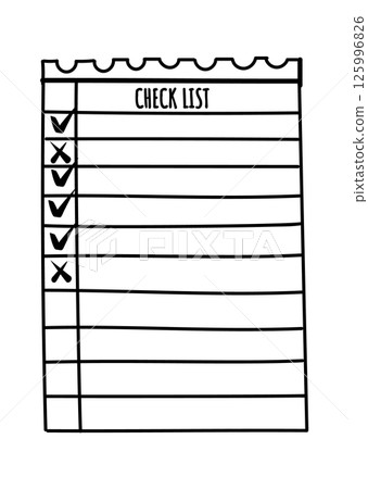 Hand drawn checklist features several items marked with checkmarks and crosses, indicating completed and pending tasks, providing a simple visual representation of progress and organization Hand drawn checklist features several items marked with checkmarks and crosses, indicating completed and pending tasks, providing a simple visual representation of progress and organization 125996826