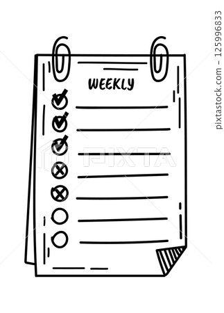 Hand drawn weekly planner displaying check marks, crosses, and blank circles, clipped to a surface, representing organization and effective scheduling for managing tasks and goals 125996833