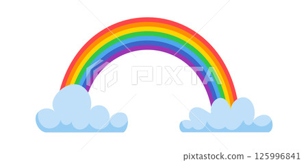 Bright, multicolored rainbow spanning across the sky, connecting two cumulus clouds on a pristine white backdrop, creating a cheerful and vibrant illustration Bright, multicolored rainbow spanning across the sky, connecting two cumulus clouds on a pristine white backdrop, creating a cheerful and vibrant illustration 125996841