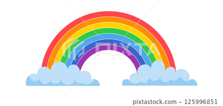 Bright, colorful rainbow arching gracefully over two fluffy clouds against a pristine white background, symbolizing hope, joy, and the beauty of nature s wonders 125996851