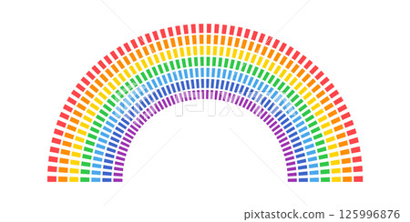 Colorful rounded rectangles are forming a rainbow arch on a white background, creating a vibrant and visually appealing design with a spectrum of colors 125996876