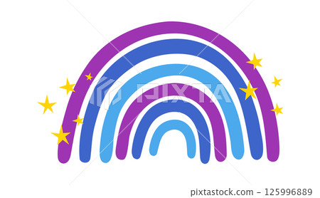 Colorful rainbow arching across a white background, with vibrant purple and blue stripes and sparkling yellow stars, creating a whimsical and magical atmosphere Colorful rainbow arching across a white background, with vibrant purple and blue stripes and sparkling yellow stars, creating a whimsical and magical atmosphere 125996889