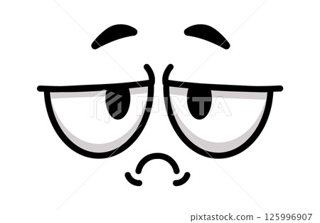Simple cartoon face design expressing boredom with half closed eyes and a sad frowning expression, conveying a sense of apathy and lack of interest 125996907