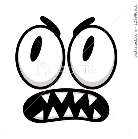 Cartoon face featuring sharp teeth and wide open eyes, vividly expressing anger and grumpiness in a humorous manner, isolated against a clean white background 125996910