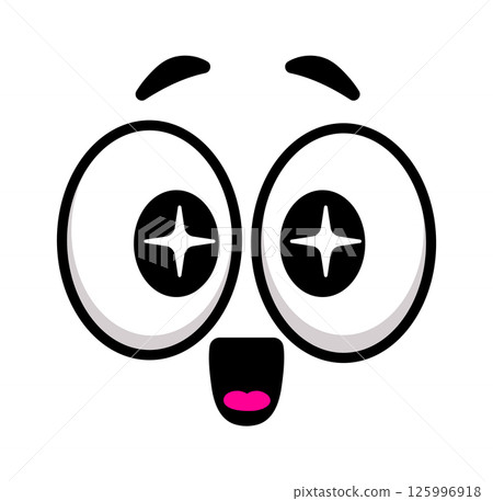 Cartoon face with open mouth and star shaped pupils showing amazement, surprise or astonishment, with raised eyebrows, on a white background 125996918