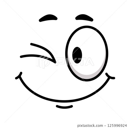 Cartoon face winking and smiling, radiating positive emotions like happiness, joy, and approval, creating a cheerful and playful vibe perfect for various fun contexts 125996924