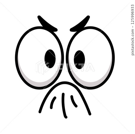 Simple cartoon face expressing disgust, with big round eyes, furrowed eyebrows and closed mouth, conveying a feeling of disapproval or revulsion 125996933